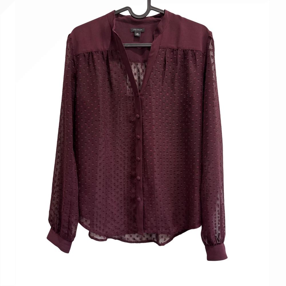 Ann Taylor Blouse XS Plum Sheer Dot Button‎ Down Long Sleeve Career Casual Top